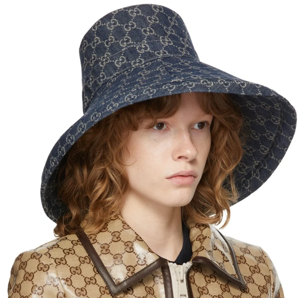 Gucci Denim GG Monogram Bucket Hat  Wide Large Brim Navy Blue Jacquard Beach - Picture 9 of 16